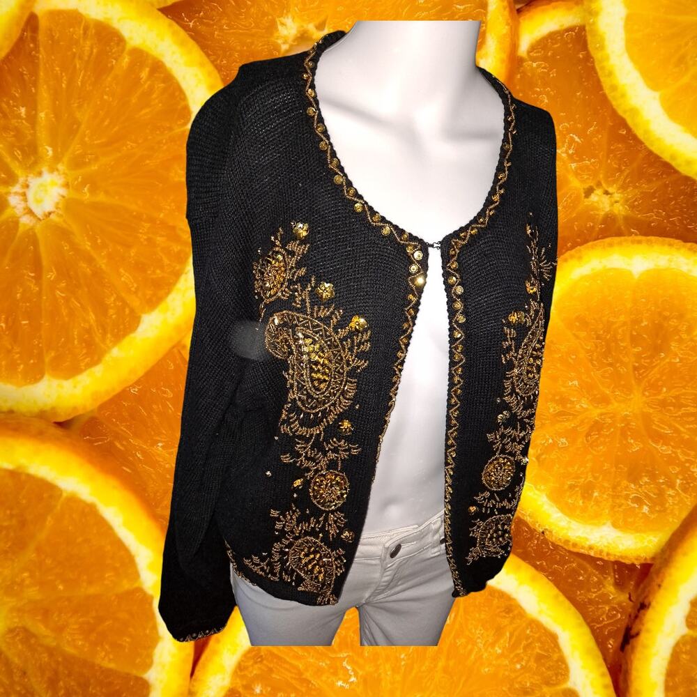Vintage Novelli Black with‎ Gold Beading 1 Button Cardigan Size Medium